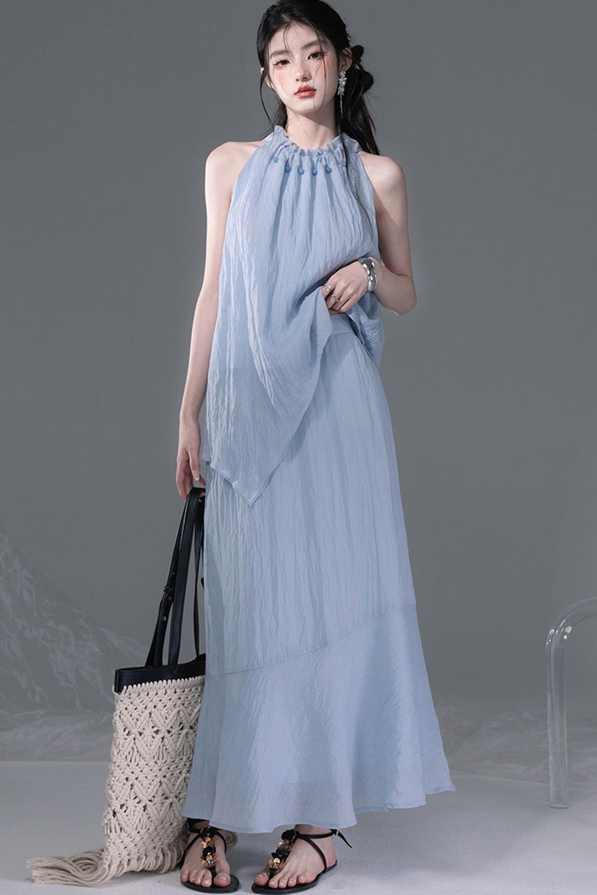 Lyocell Lace-Up Halter Top and Skirt Set
