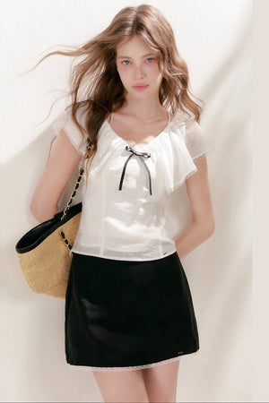 Lyocell Linen Ruffle Bow V-Neck Top and Skirt Set-Up