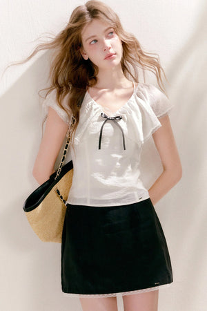 Lyocell Linen Ruffle Bow V-Neck Top and Skirt Set-Up