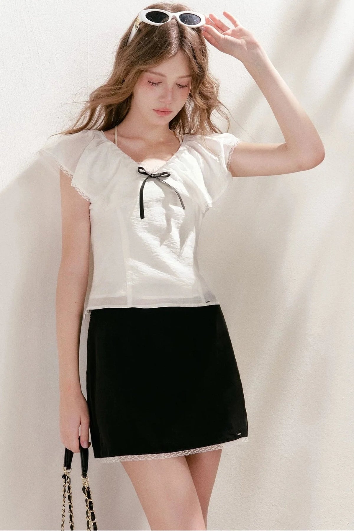Lyocell Linen Ruffle Bow V-Neck Top and Skirt Set-Up
