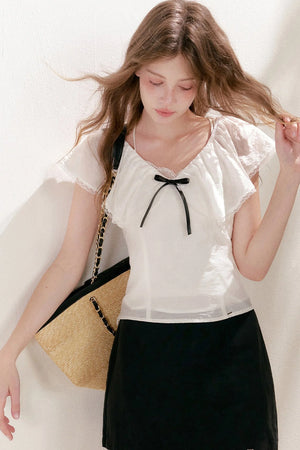 Lyocell Linen Ruffle Bow V-Neck Top and Skirt Set-Up
