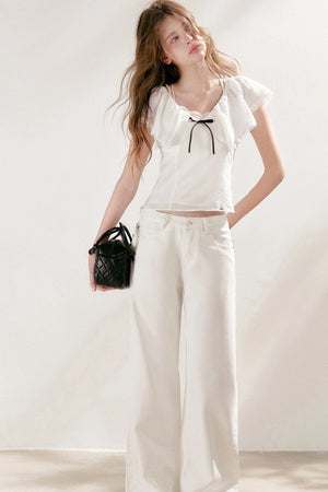 Lyocell Linen Ruffle Bow V-Neck Top and Skirt Set-Up