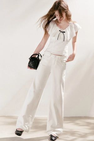 Lyocell Linen Ruffle Bow V-Neck Top and Skirt Set-Up