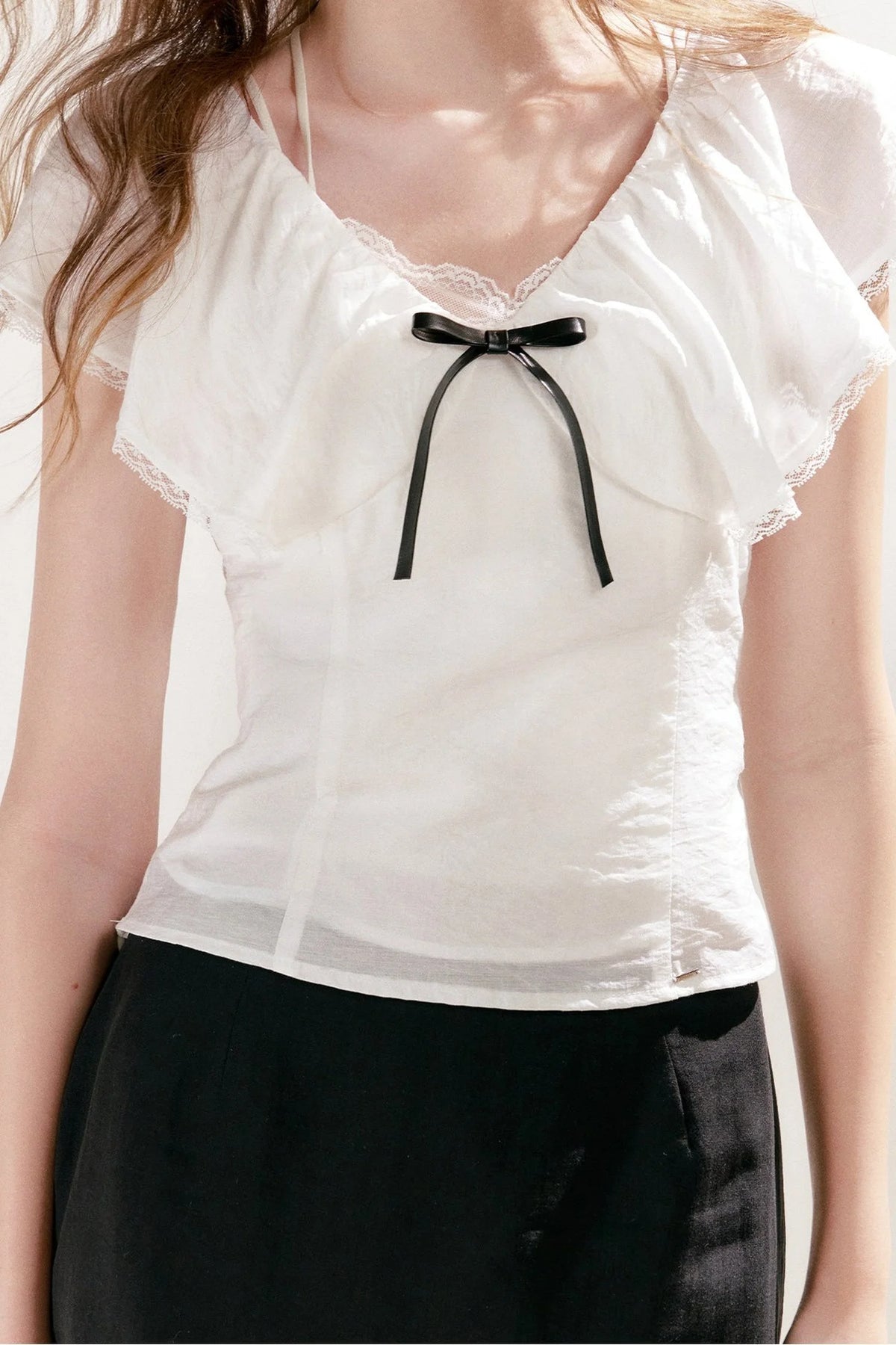 Lyocell Linen Ruffle Bow V-Neck Top and Skirt Set-Up