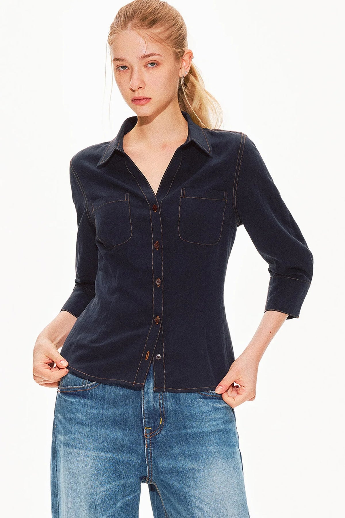 Lyocell Linen V-Neck Blouse