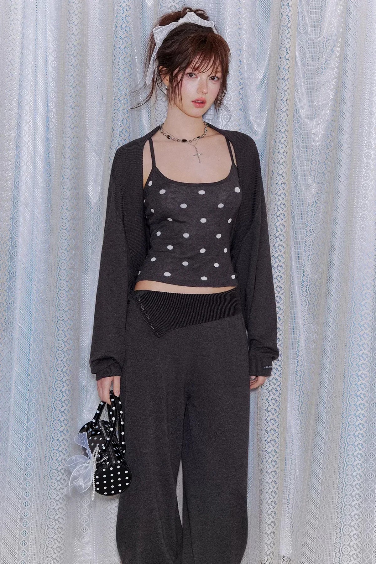 Lyocell Polka Dot Cardigan Camisole Set-Up