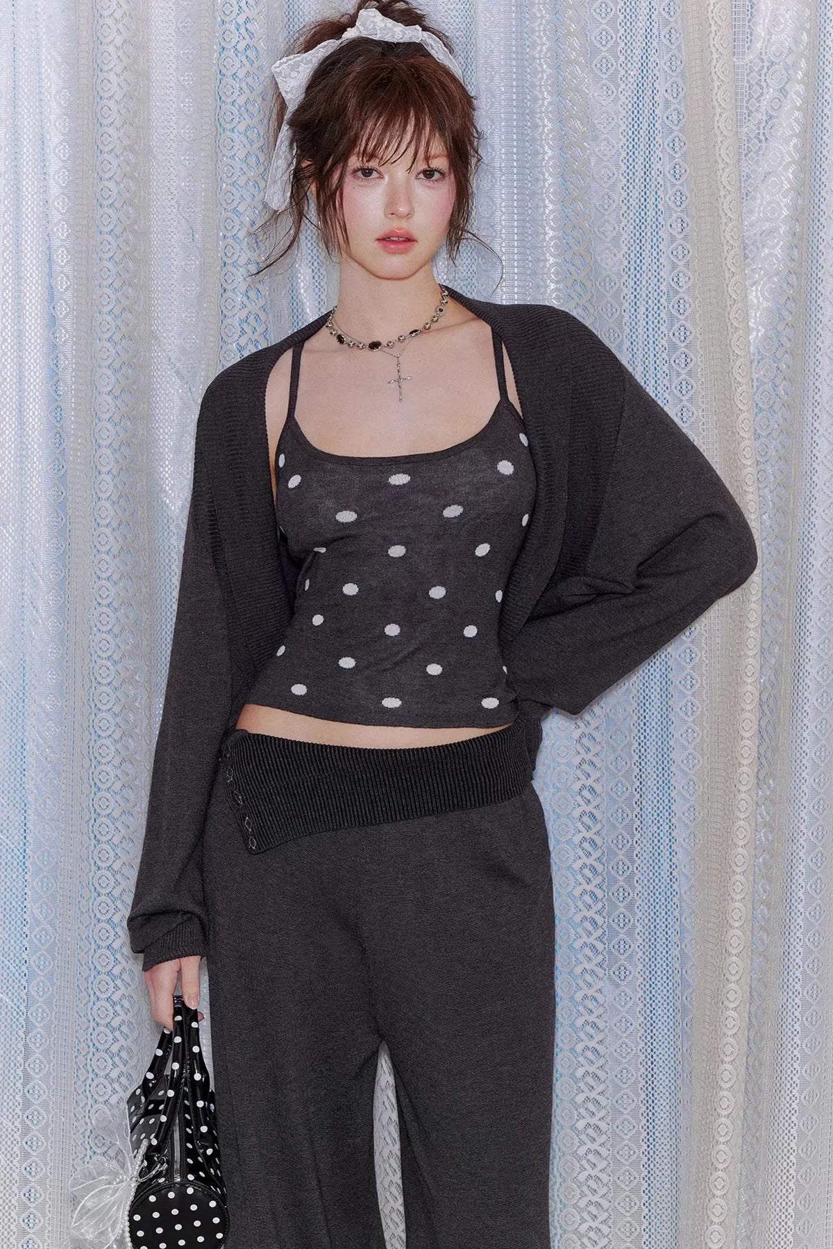 Lyocell Polka Dot Cardigan Camisole Set-Up