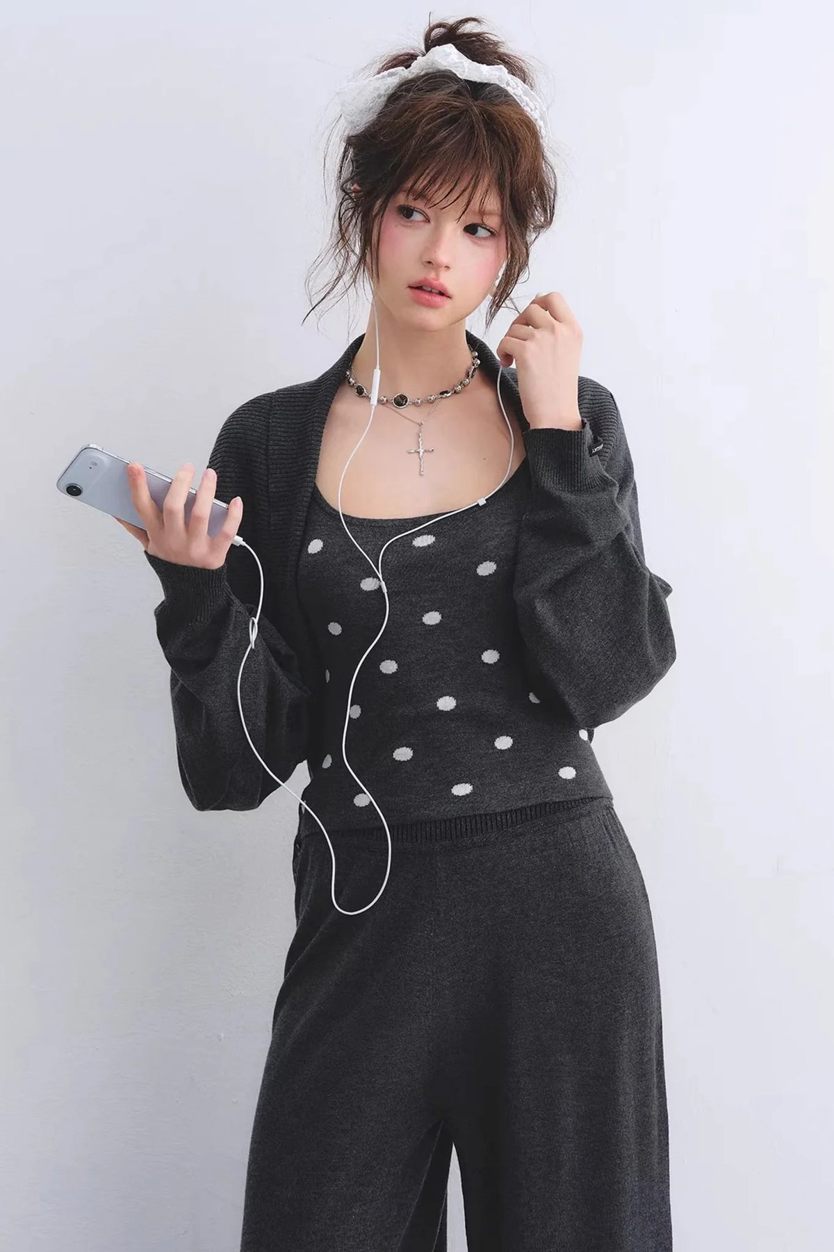Lyocell Polka Dot Cardigan Camisole Set-Up