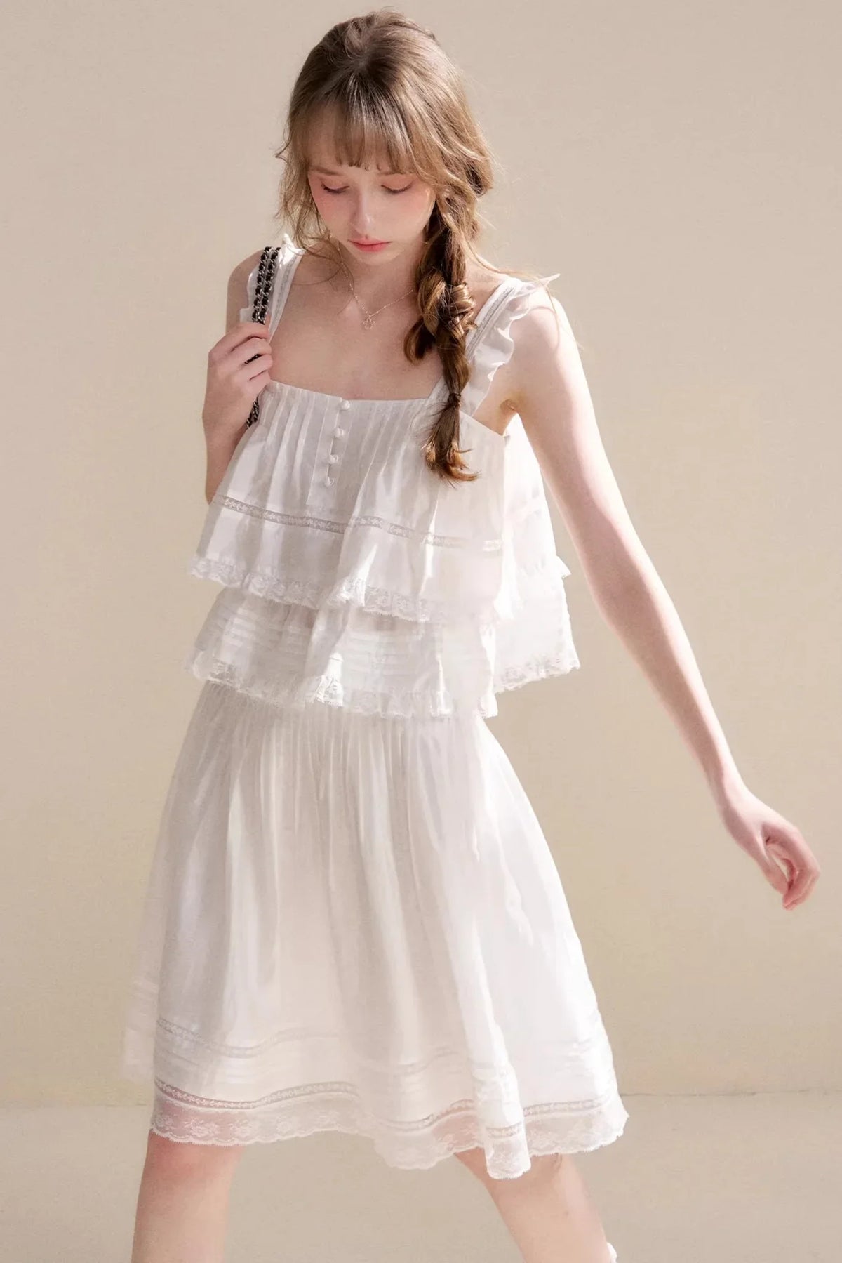Lyocell Ruffled Lace Top Skirt Set-Up