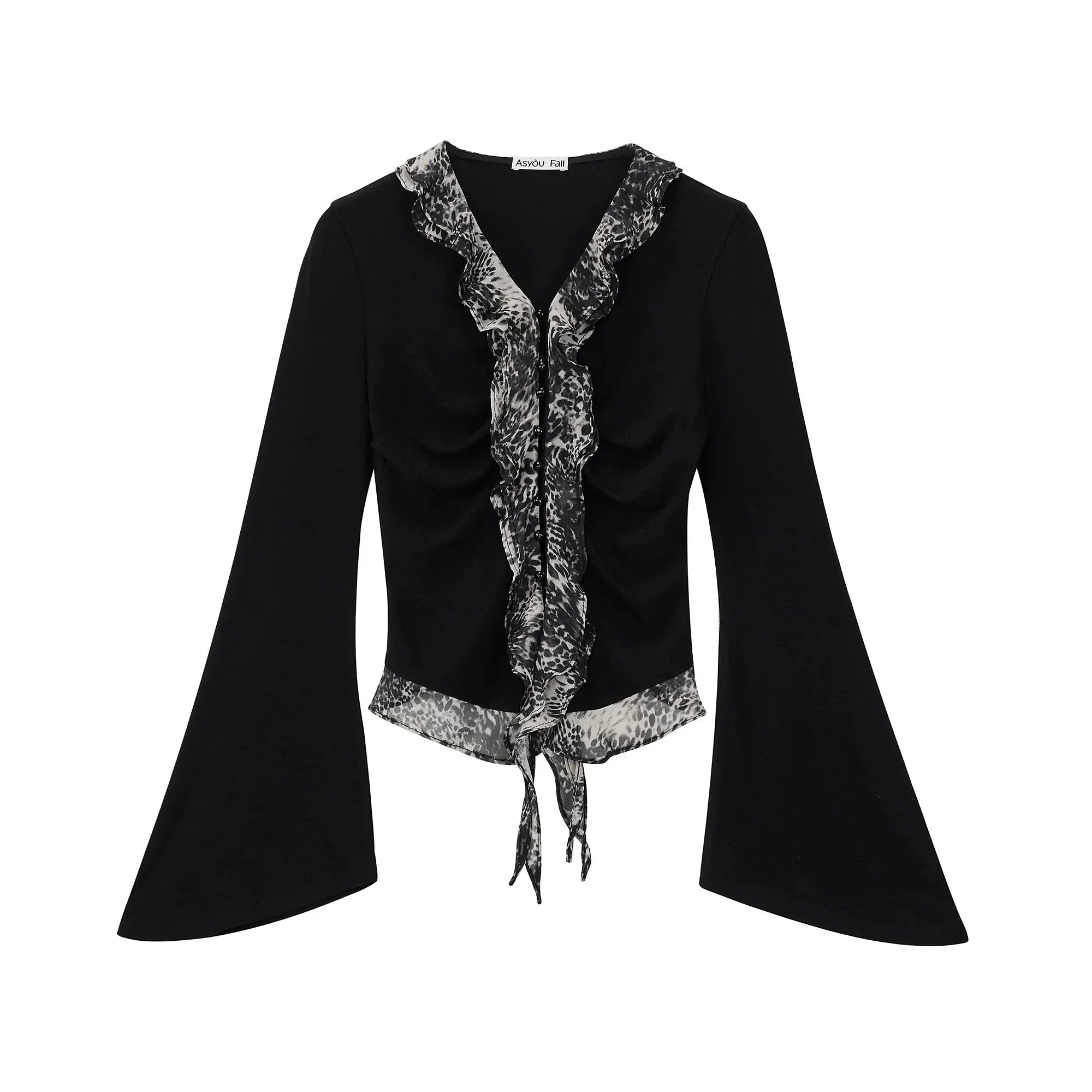 Lyocell Wool Leopard Bell-Sleeve Blouse