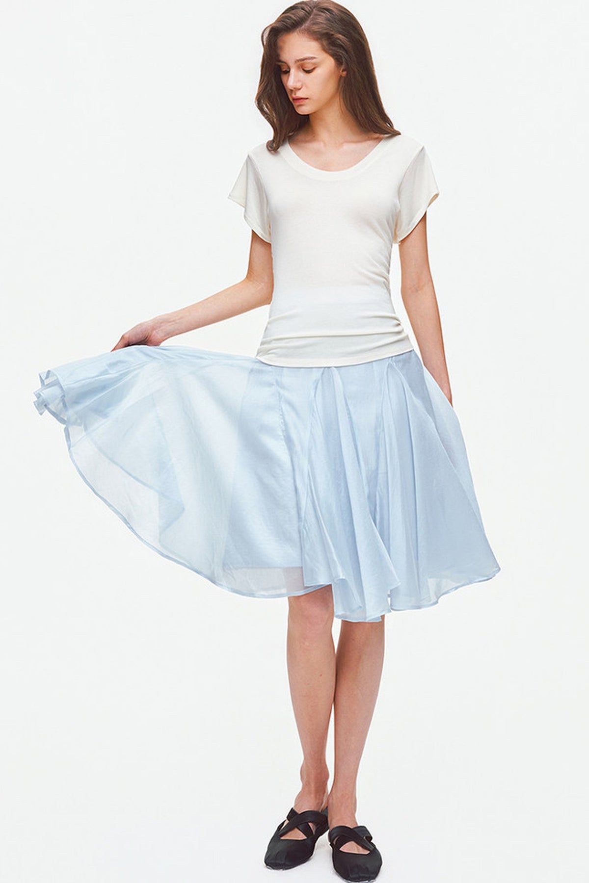 Lyocell Wool U-Neck Flutter Sleeve Top