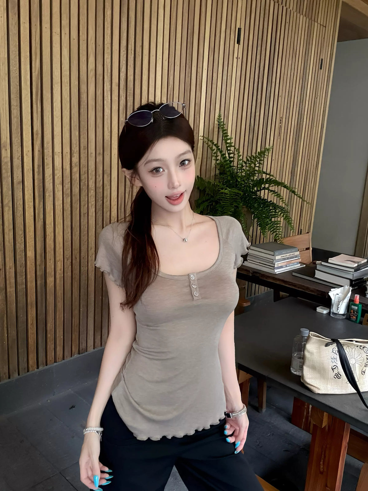 Khaki Ruched Flutter-Sleeve T-Shirt