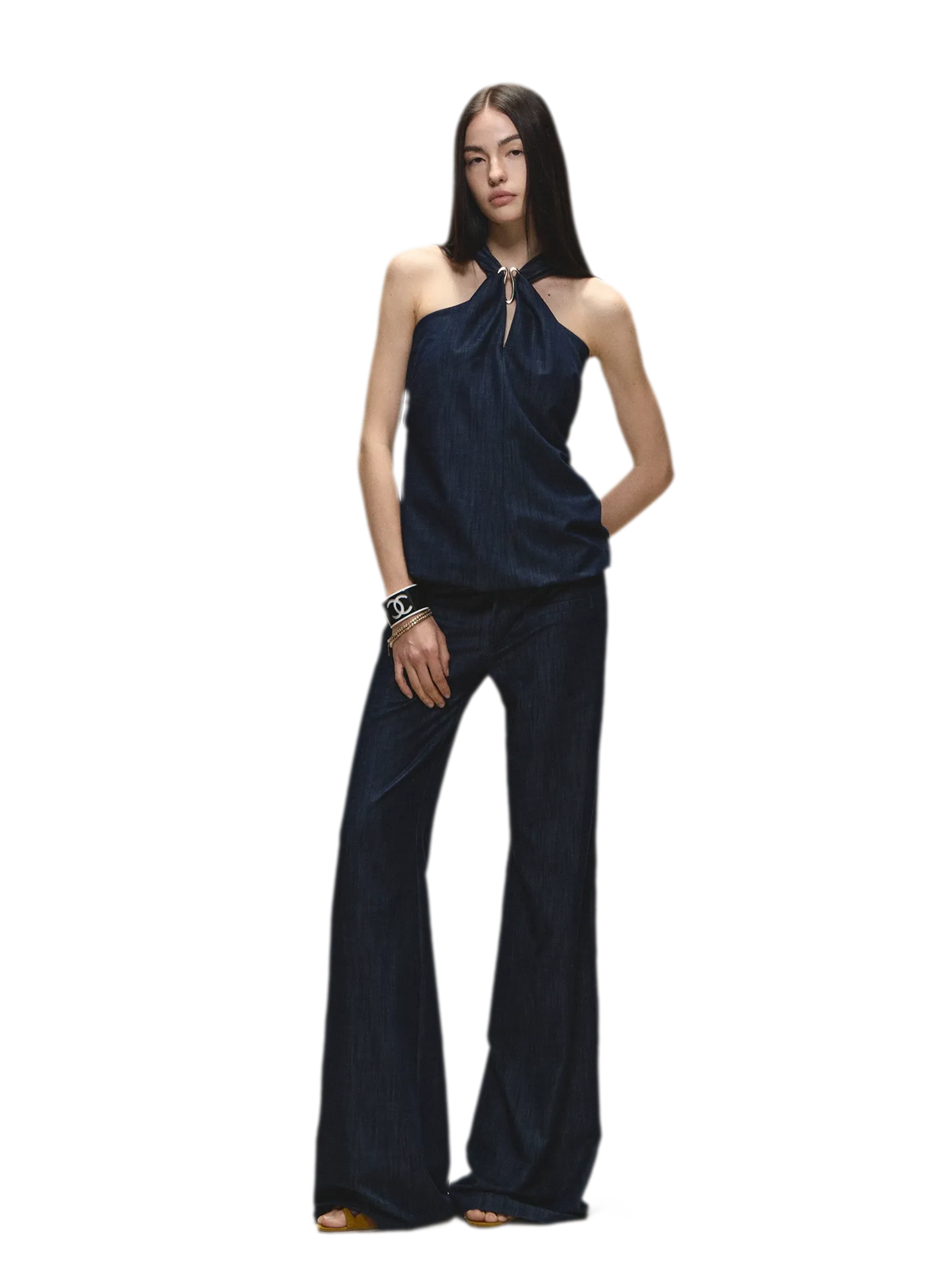 Tencel Denim Blue Hollow Halter Slim Flared Pants