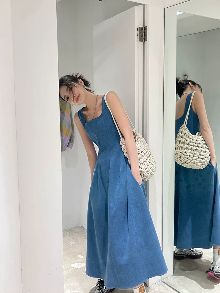Blue Denim Square-Neck Maxi Dress