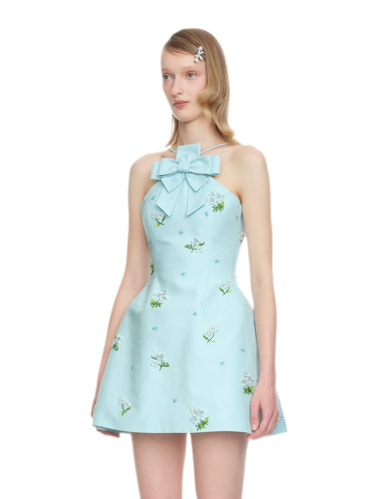Embroidered Bow Halter Mini Dress