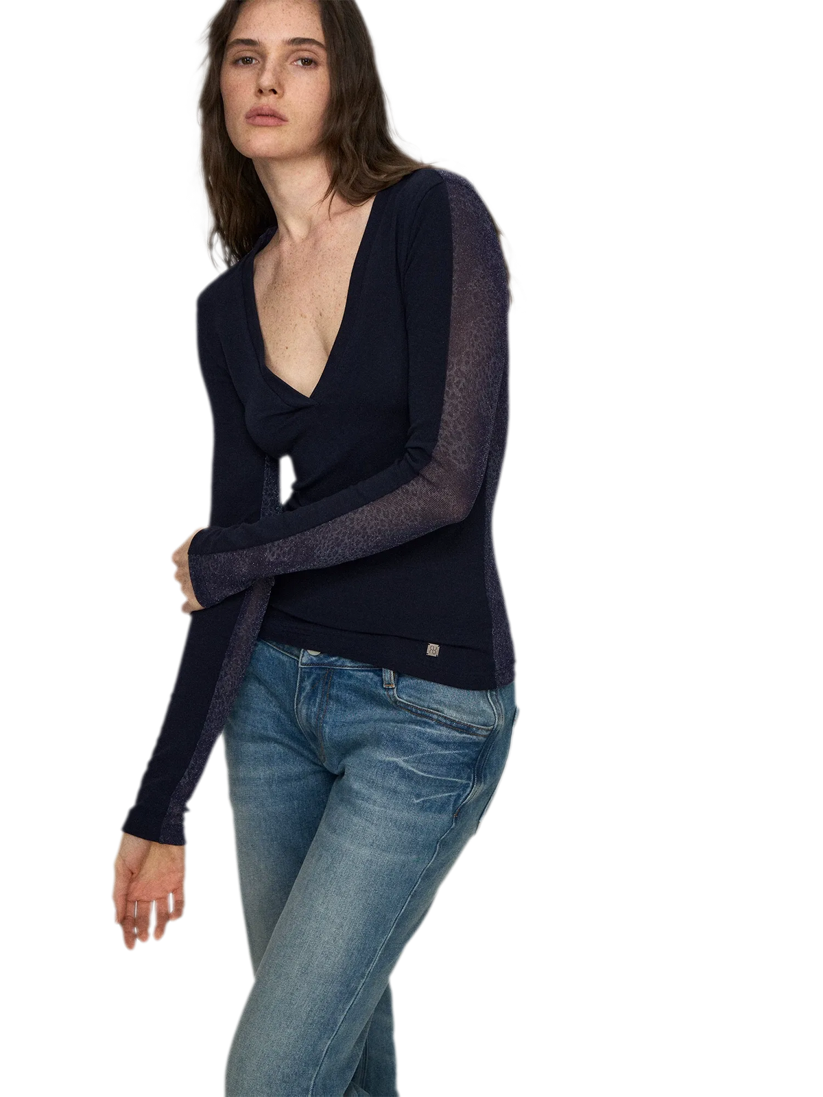 Wool Lyocell V-Neck Long Sleeve Top with Lace
