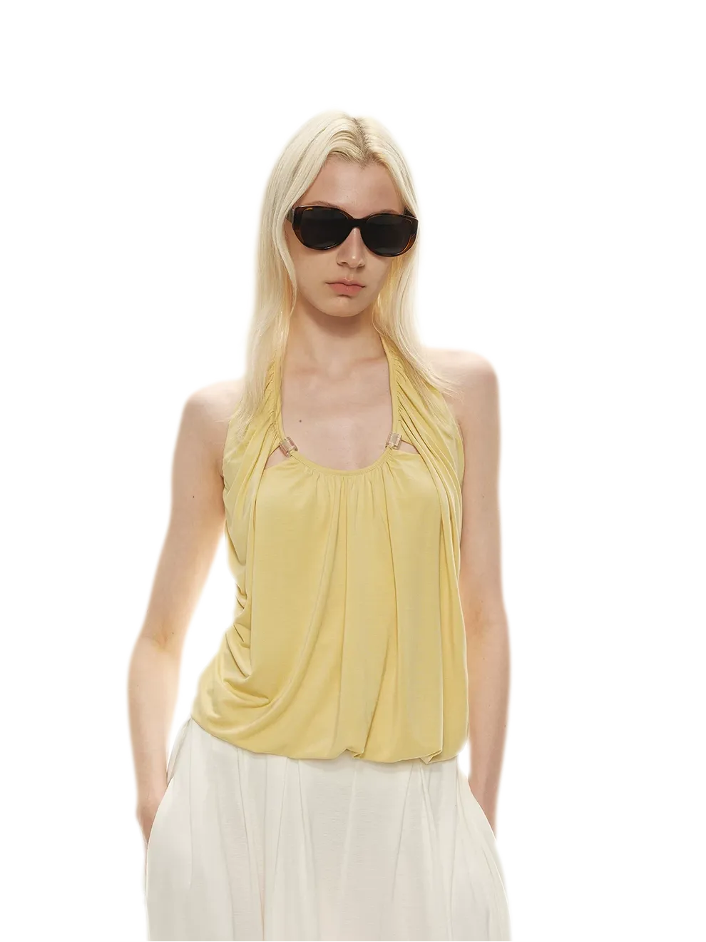 Modal Draped Halter Top with Pearl Neckline