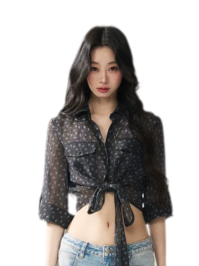 Floral Sheer Tie Shirt
