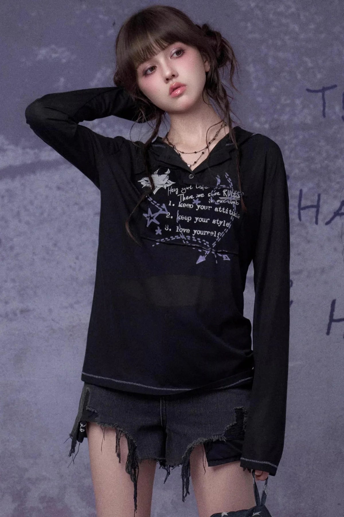 Mesh Graffiti Print Hooded Top Set-Up