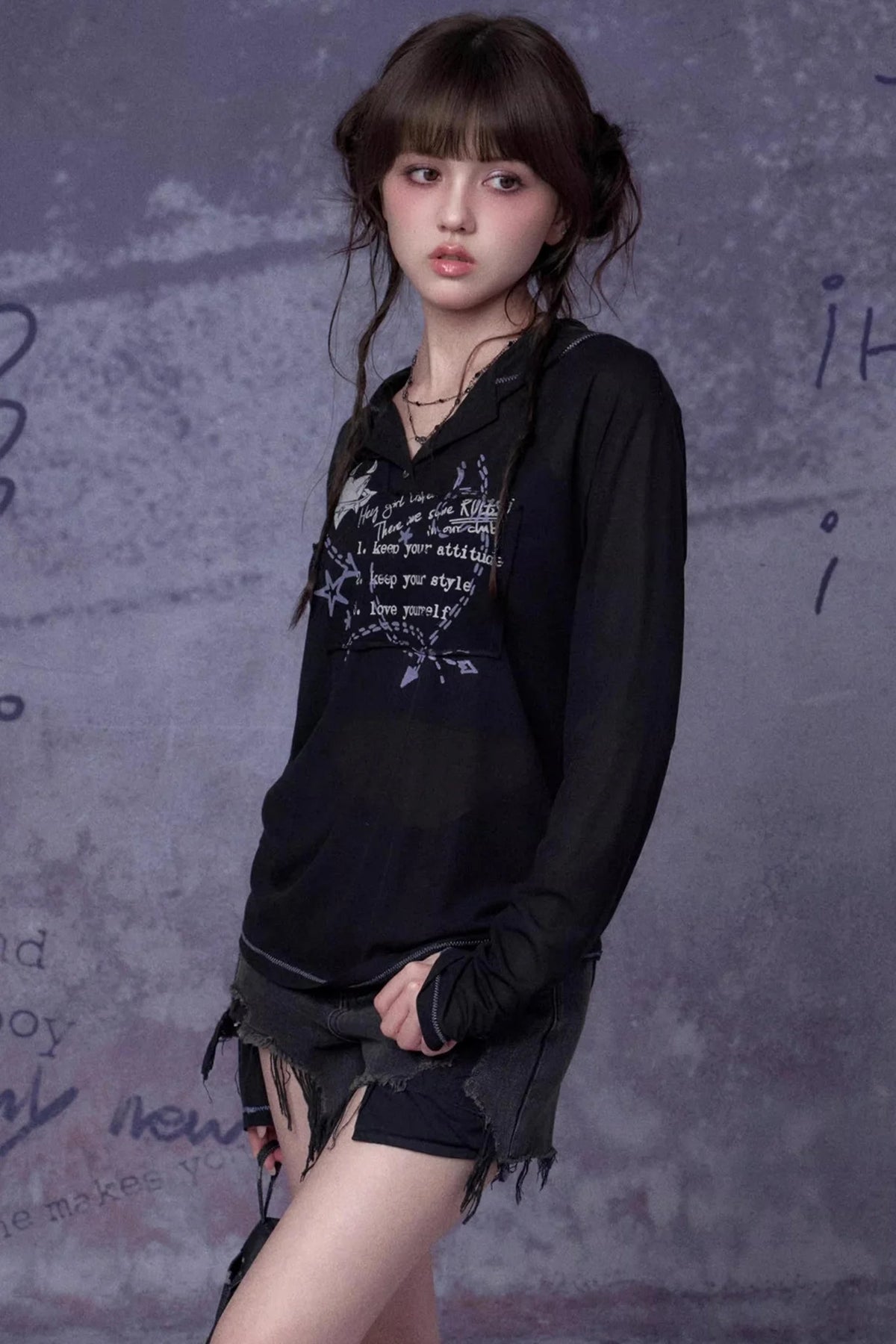 Mesh Graffiti Print Hooded Top Set-Up