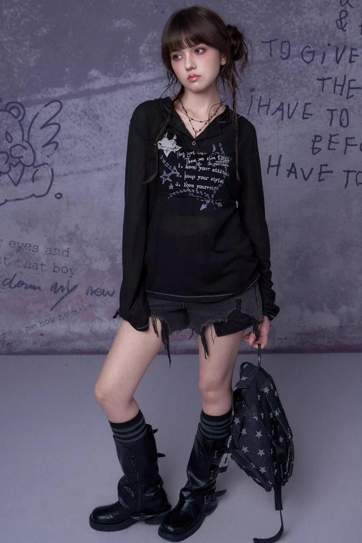 Mesh Graffiti Print Hooded Top Set-Up