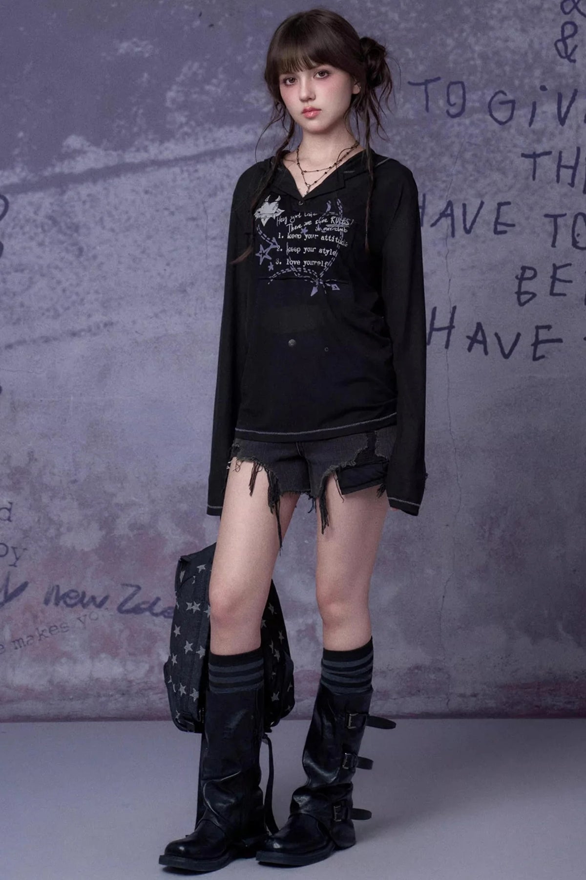 Mesh Graffiti Print Hooded Top Set-Up