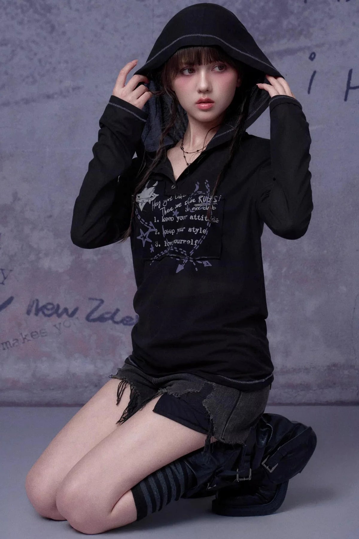 Mesh Graffiti Print Hooded Top Set-Up