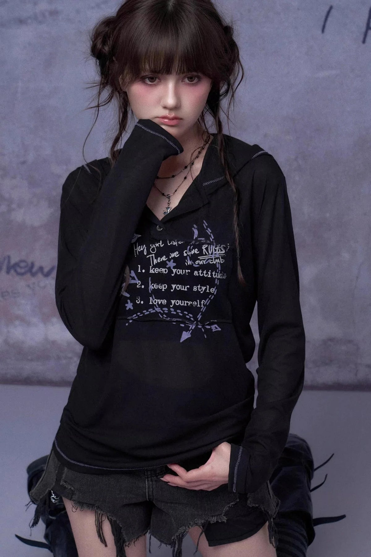Mesh Graffiti Print Hooded Top Set-Up