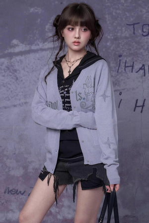 Mesh Graffiti Print Hooded Top Set-Up