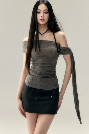 Mesh Off-Shoulder Ribbon Camisole Top
