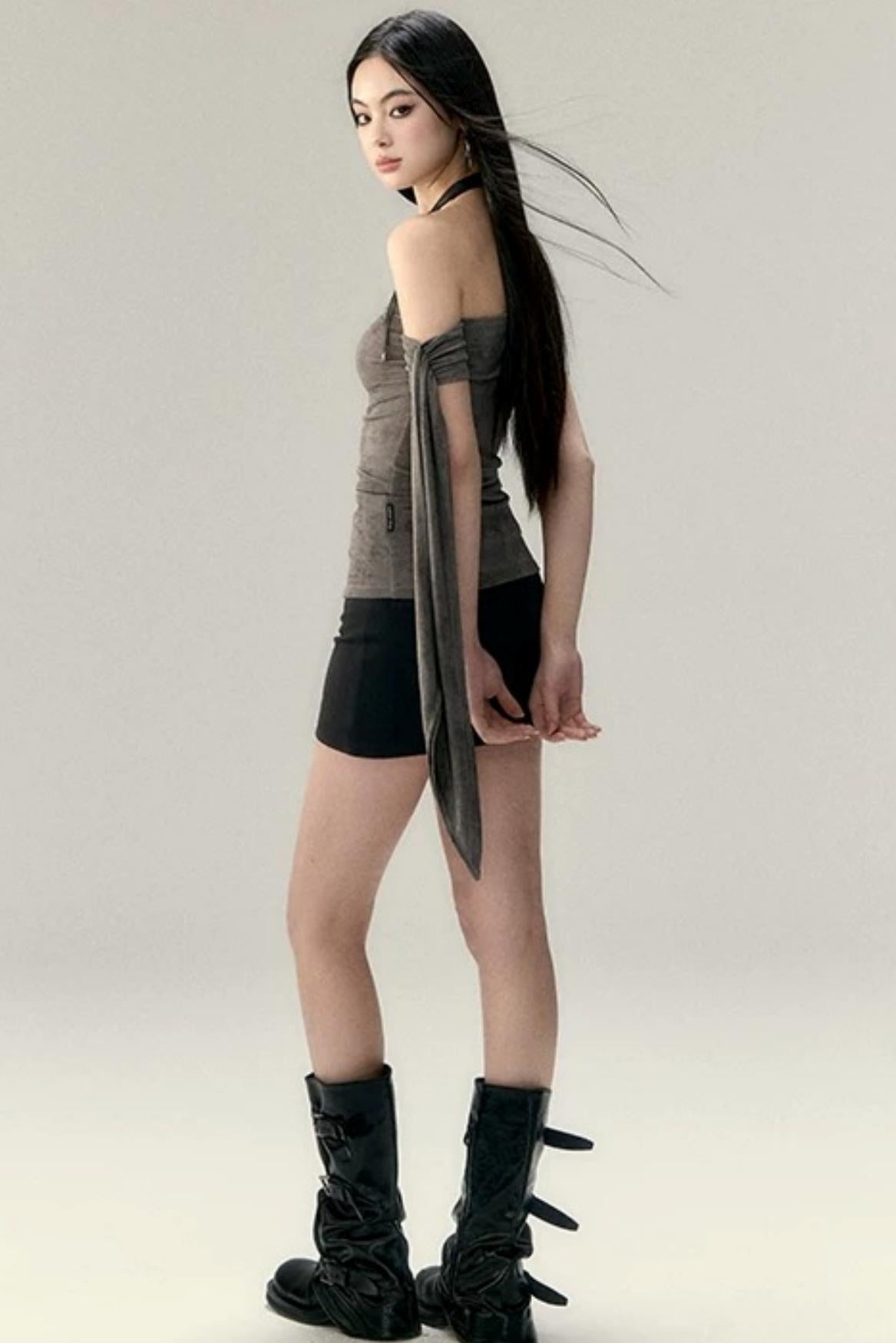 Mesh Off-Shoulder Ribbon Camisole Top