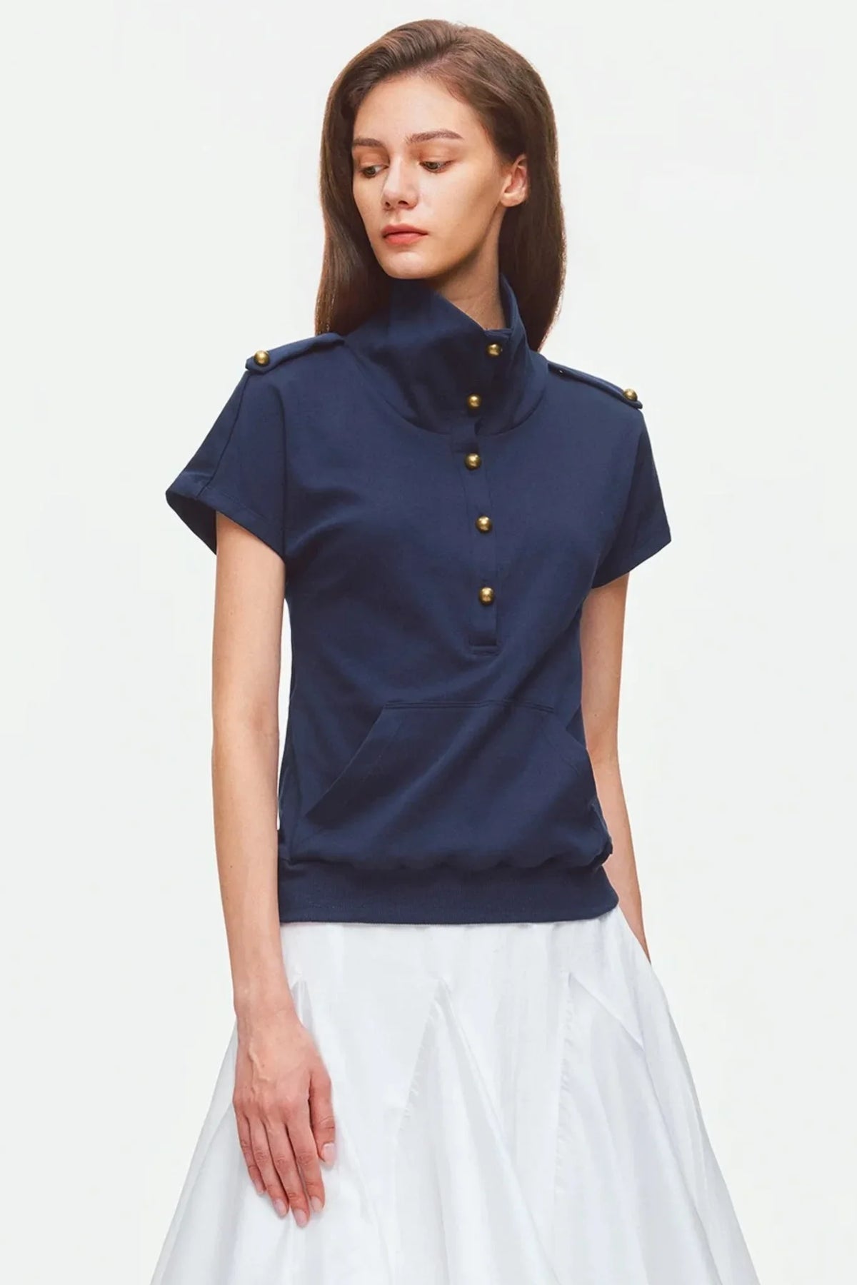 Metal Button Military Epaulet Knit Top