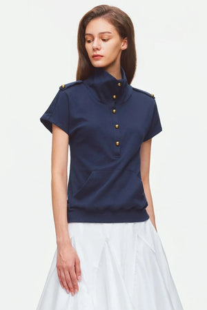 Metal Button Military Epaulet Knit Top