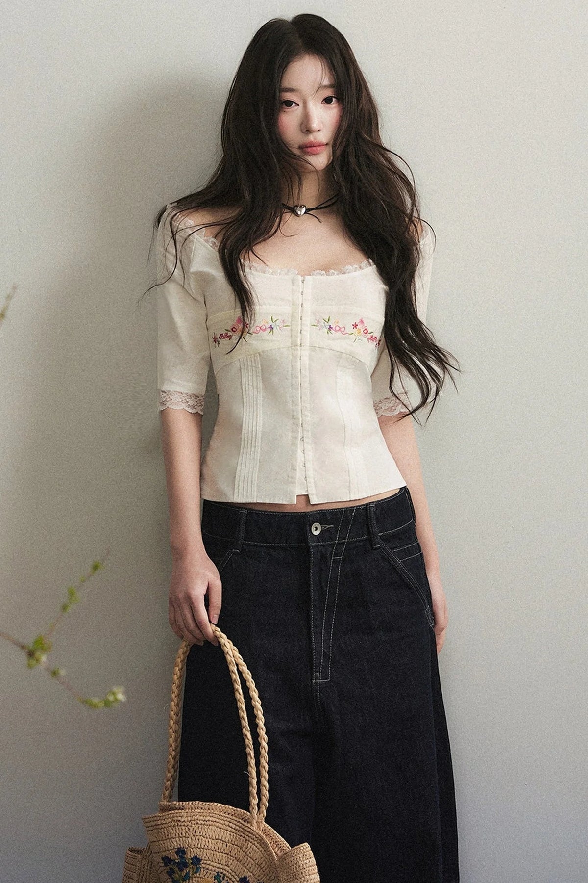 Mid-Sleeve Lace-Trimmed Embroidered Top
