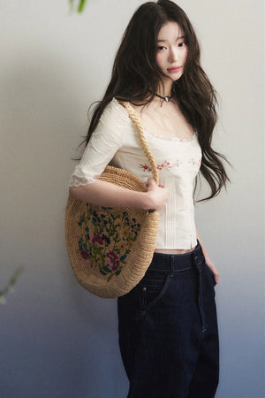 Mid-Sleeve Lace-Trimmed Embroidered Top