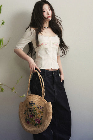 Mid-Sleeve Lace-Trimmed Embroidered Top