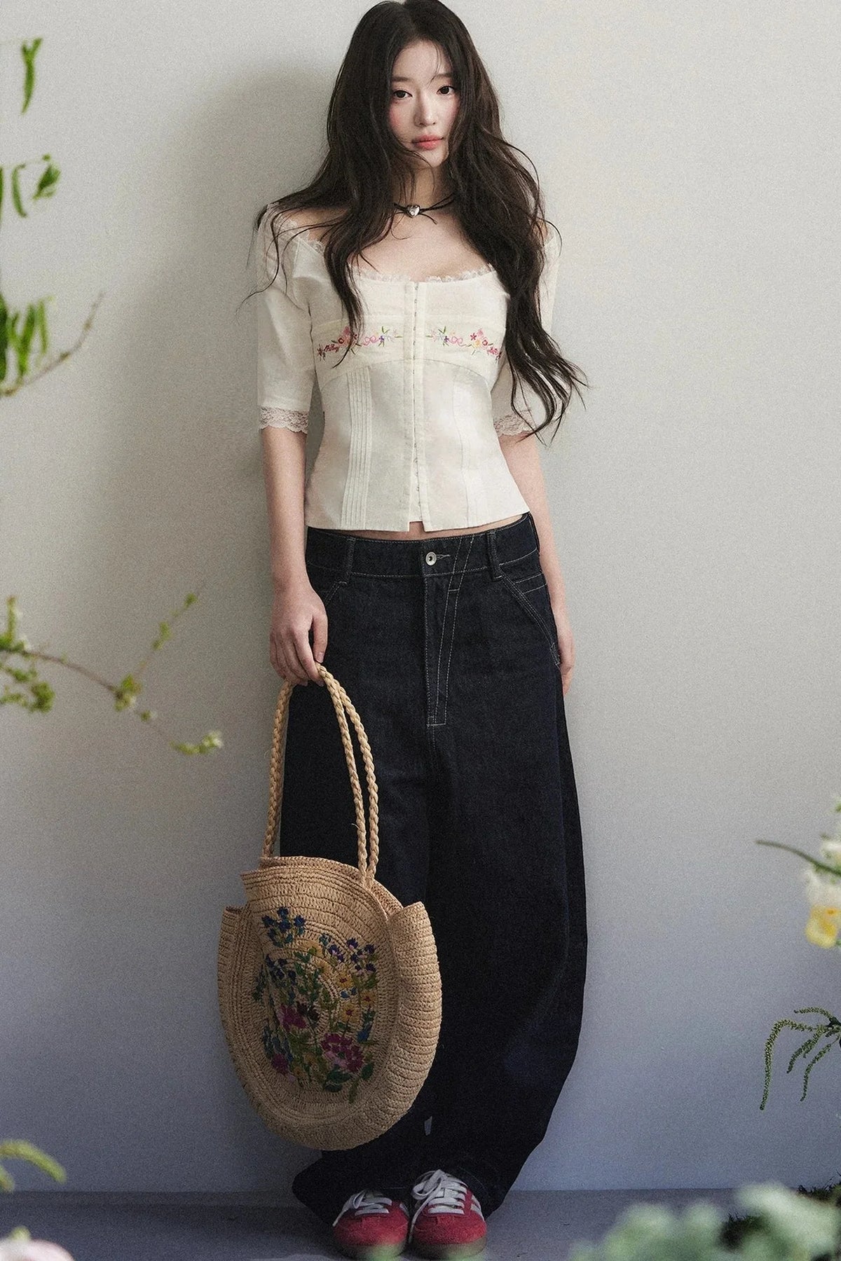 Mid-Sleeve Lace-Trimmed Embroidered Top