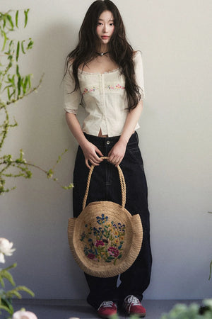 Mid-Sleeve Lace-Trimmed Embroidered Top
