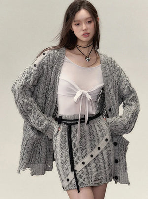 Midi slouchy knitted cardigan with skirt set