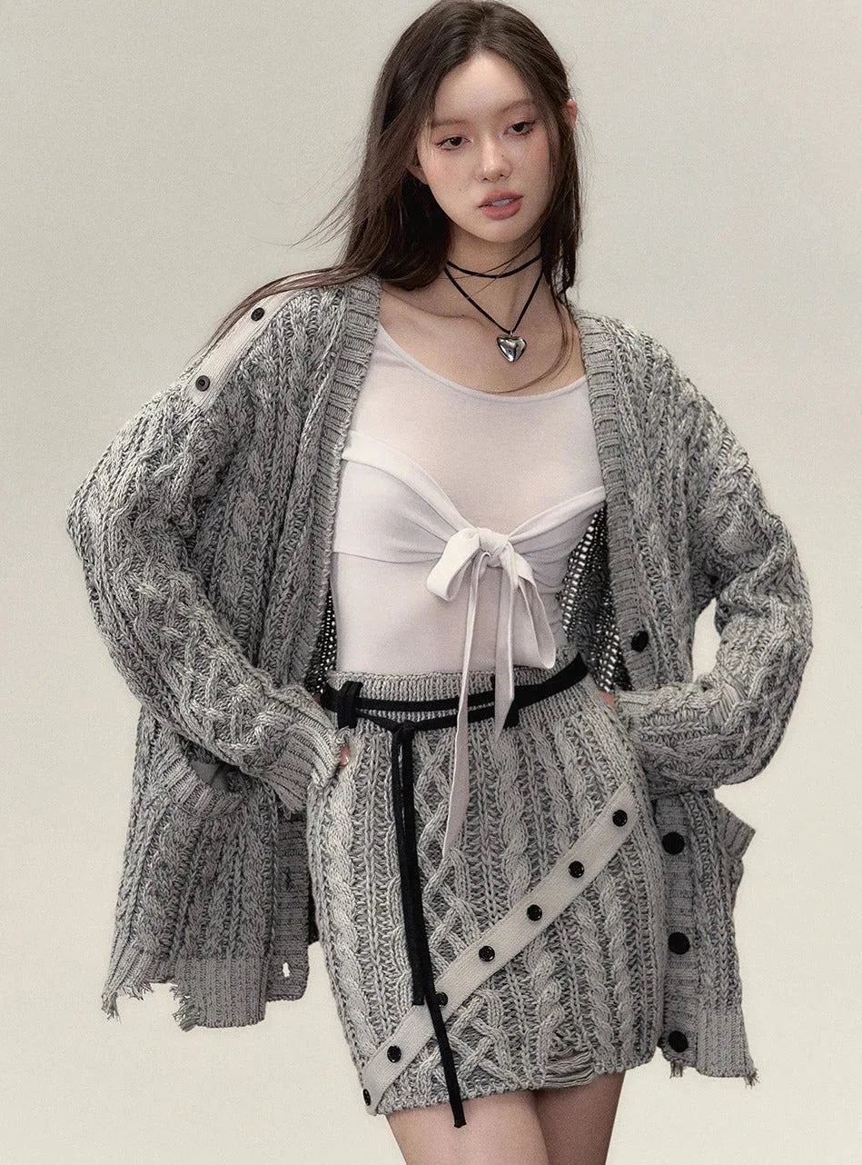 Midi slouchy knitted cardigan with skirt set