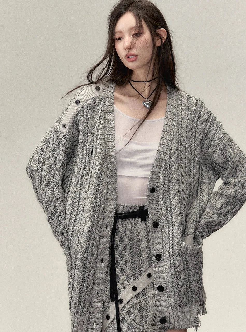 Midi slouchy knitted cardigan with skirt set