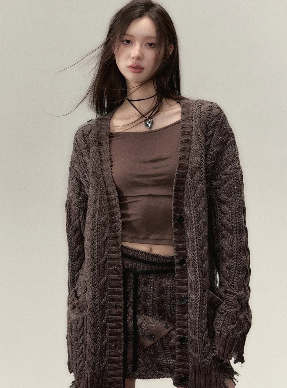 Midi slouchy knitted cardigan with skirt set