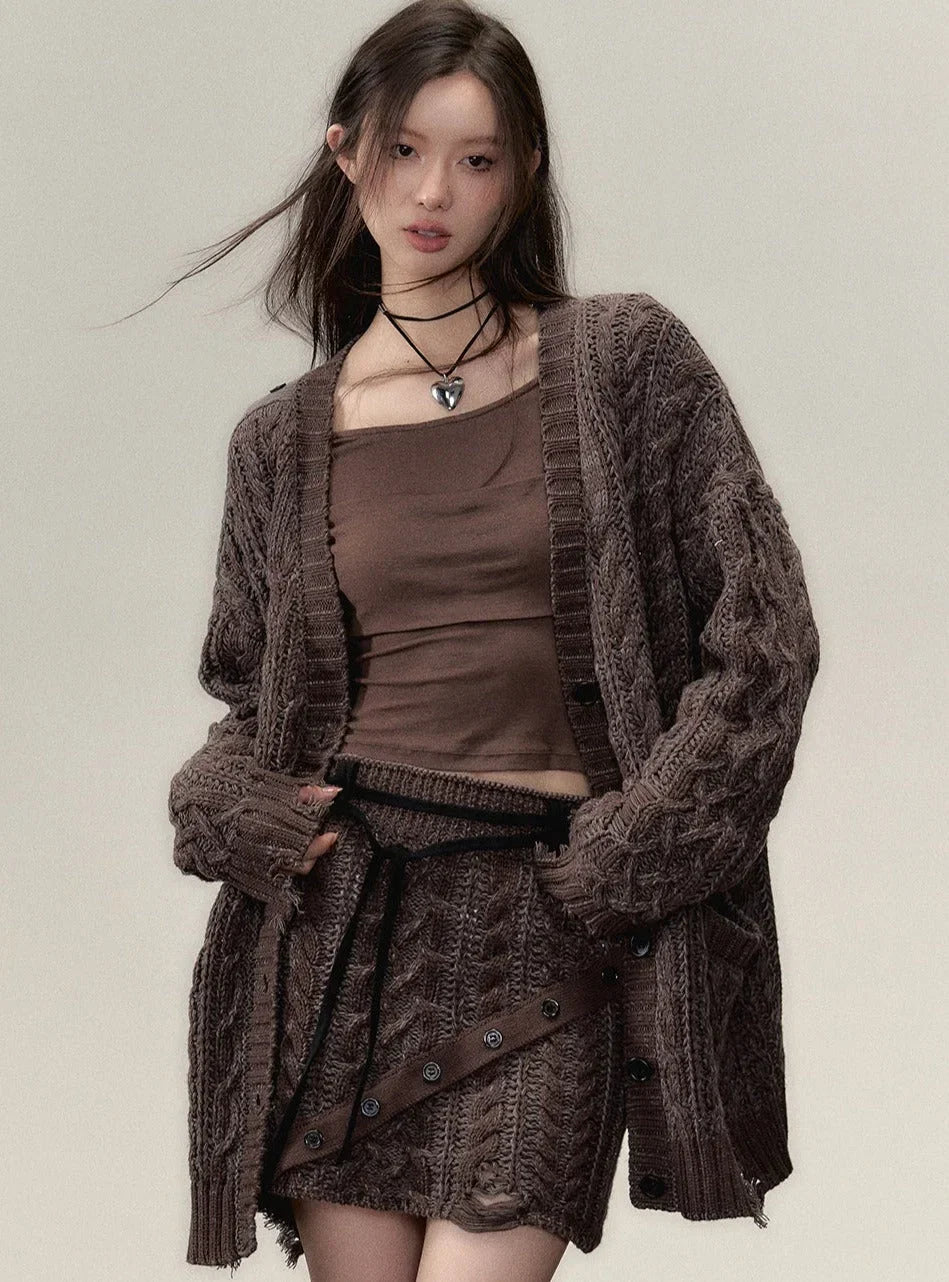 Midi slouchy knitted cardigan with skirt set