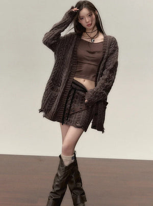 Midi slouchy knitted cardigan with skirt set