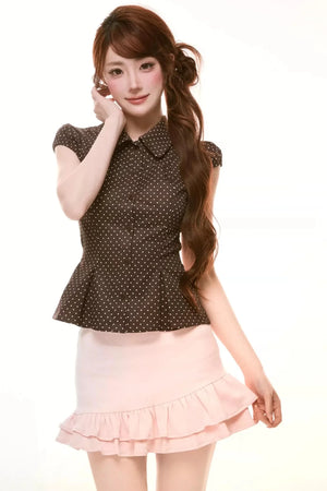 Milk Coffee Vintage Bow-Tie Top Skirt Set-Up