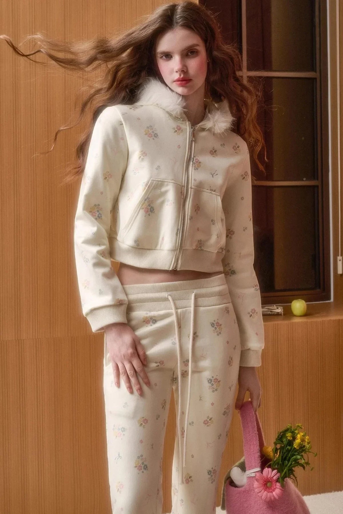 Milky Way Floral Fur Collar Jacket Set-Up