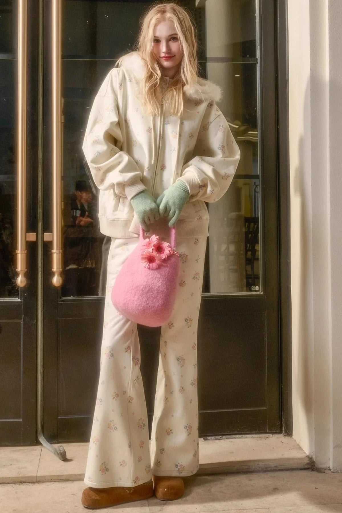 Milky Way Floral Fur Collar Jacket Set-Up