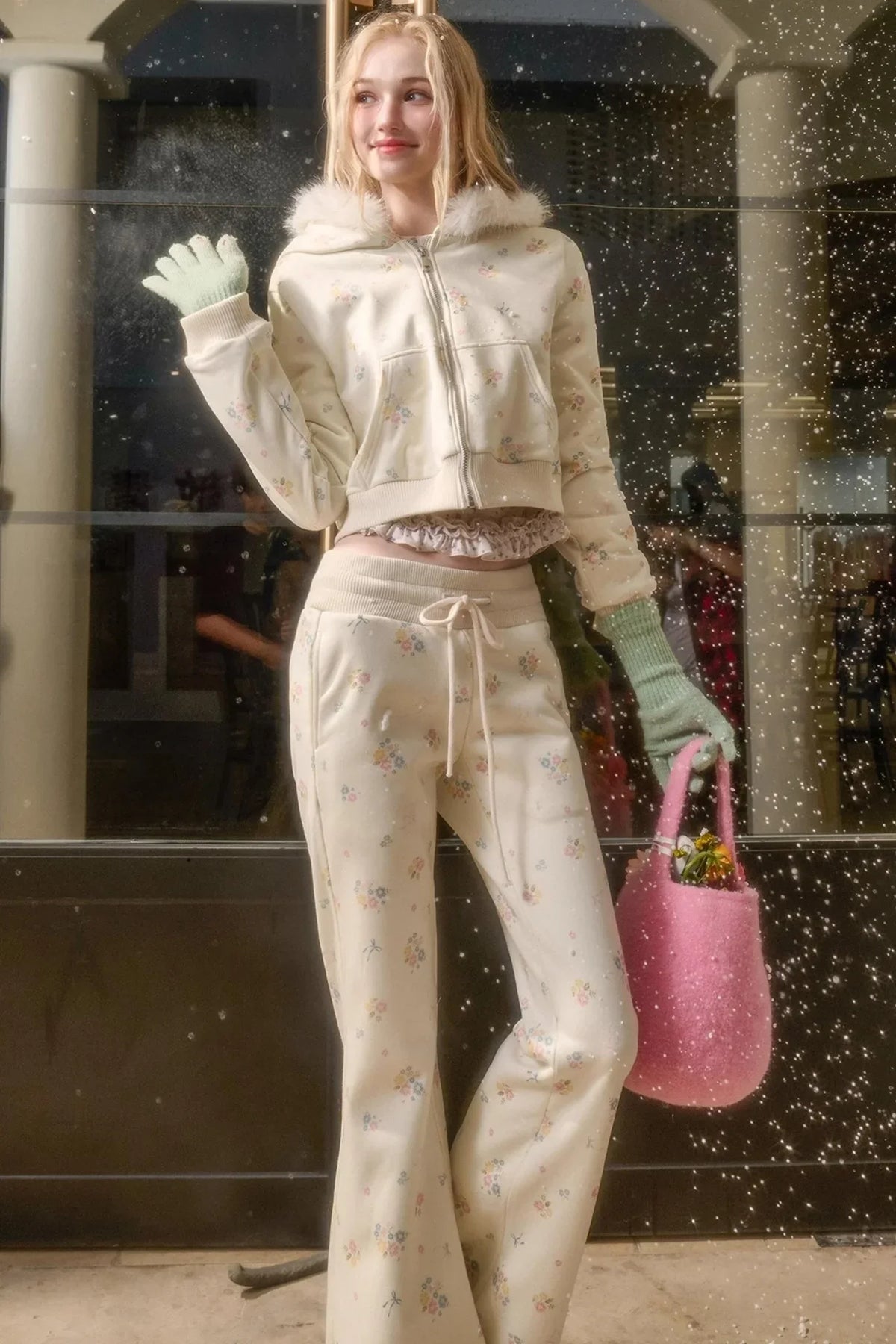 Milky Way Floral Fur Collar Jacket Set-Up