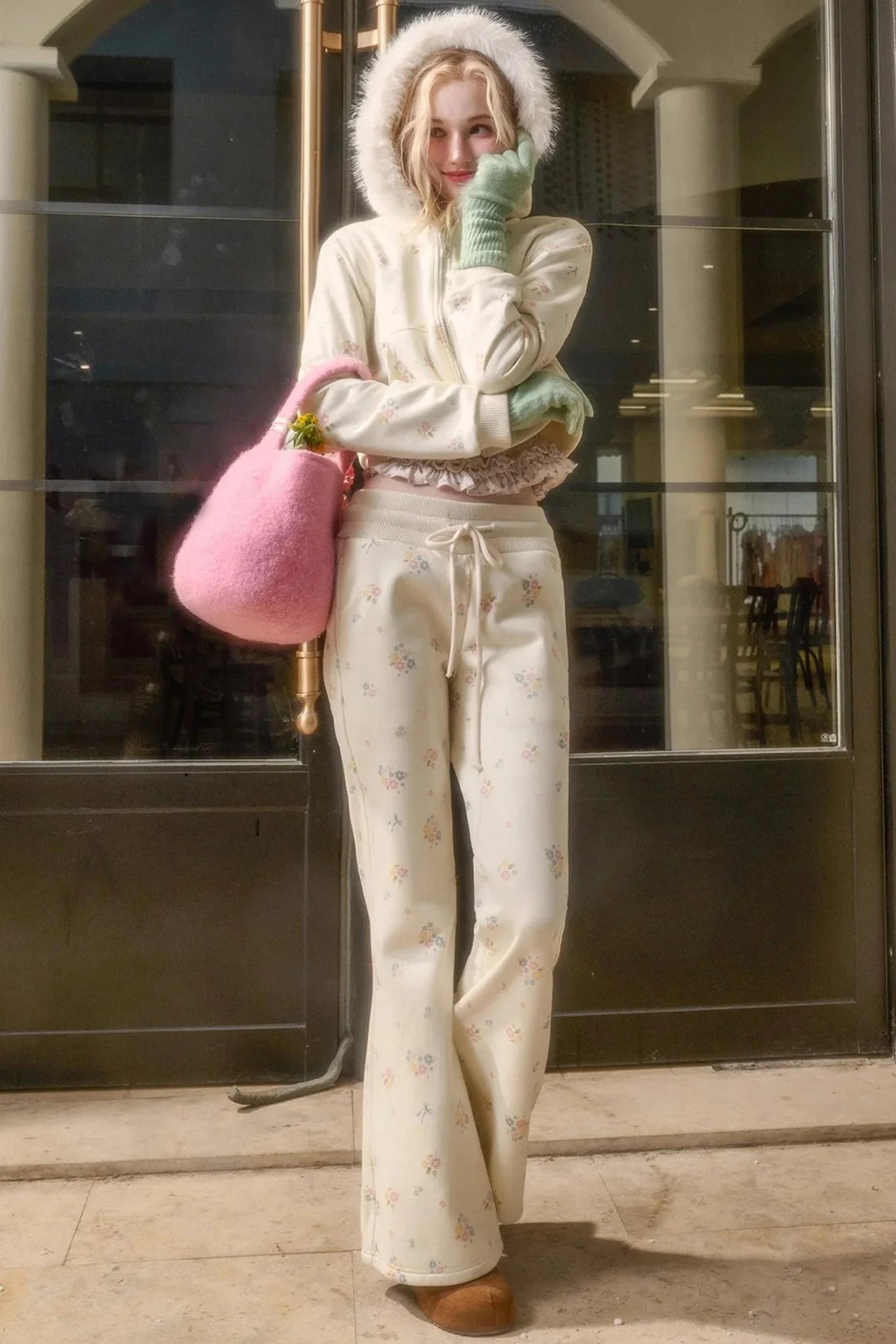 Milky Way Floral Fur Collar Jacket Set-Up