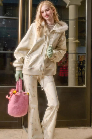 Milky Way Floral Fur Collar Jacket Set-Up